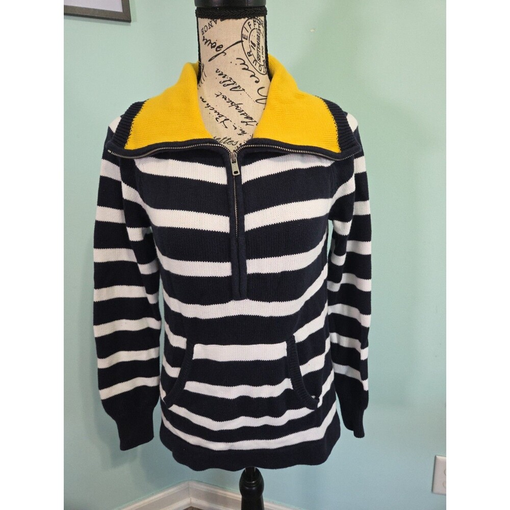 Lauren Ralph Lauren blue white Striped sweater yellow collar 1/4 zip medium